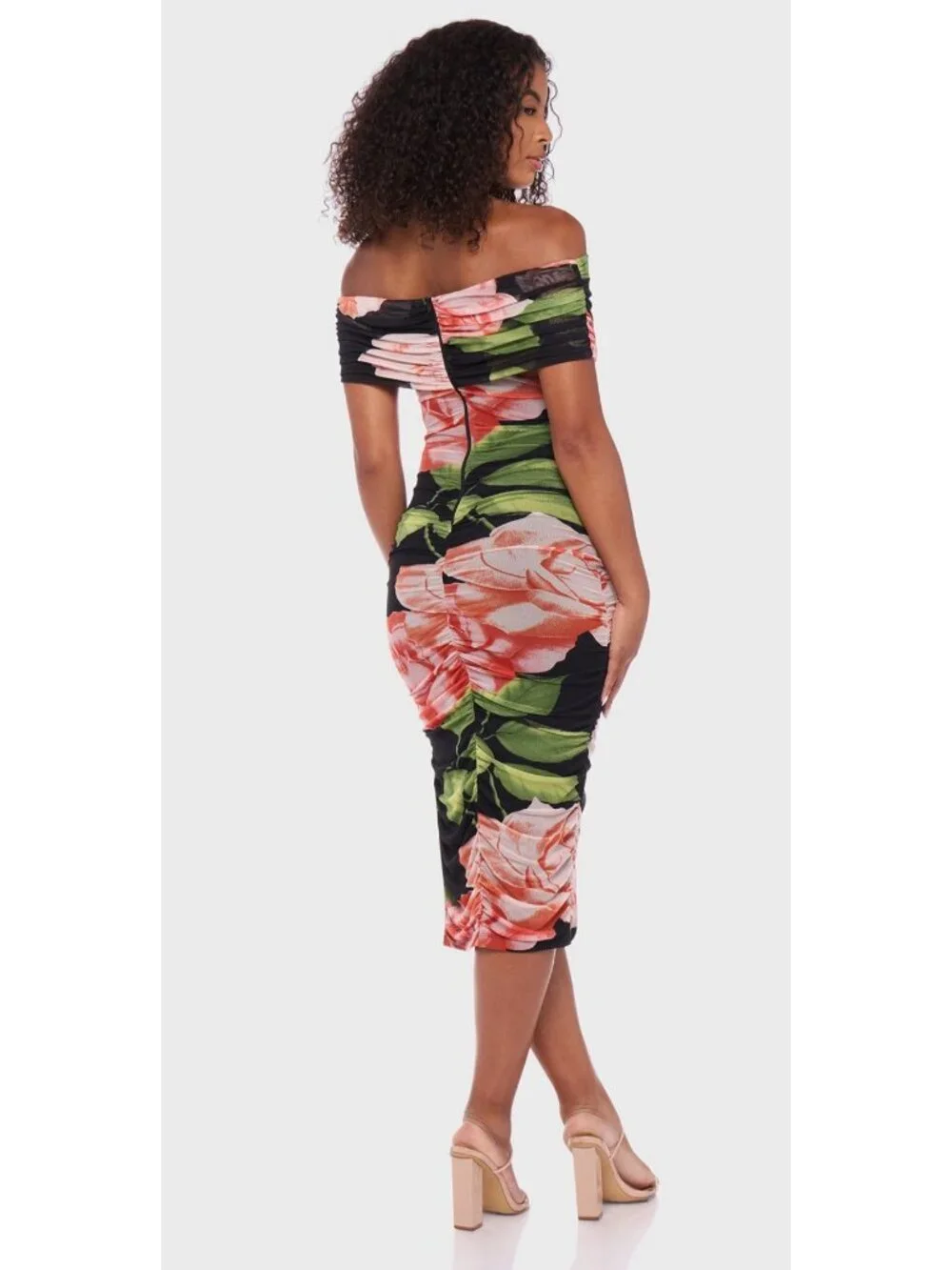 Floral Off-Shoulder Midi Dress By B. Darlin - Black & Peach - Ruched Design - XS